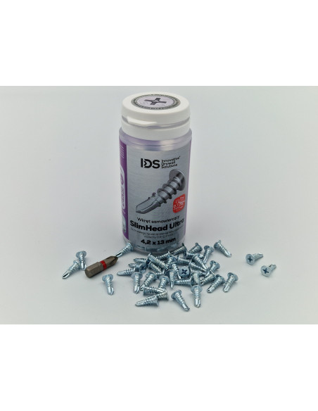 IDS Wkręty Samowiercące SlimHead Ultra 4,2x13mm 250szt. Płaski Łeb 0,7mm plus BIT PH2