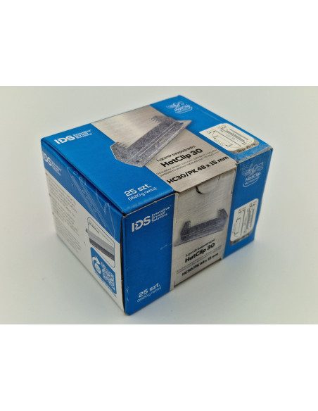 Łącznik HatClip 30 (5906506982107). Wydajność: ~3,5szt/m2. Dystans od 15mm. Do profili kapeluszowych 48x15. Opakowanie 25szt