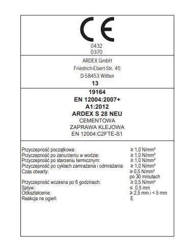 ARDEX S 28 NEU Elastyczny klej Microtec do płytek wielkoformatowych, do wewnątrz